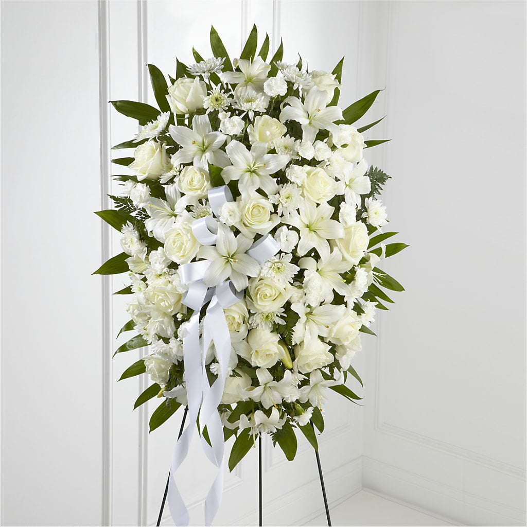 Exquisite Tribute Standing Spray-White Ribbon – MY LADY'S FLORIST, Westland MI